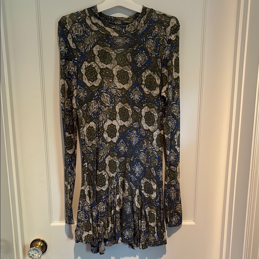 Free People Annabelle long sleeve flouncy mini dress in cobalt combo